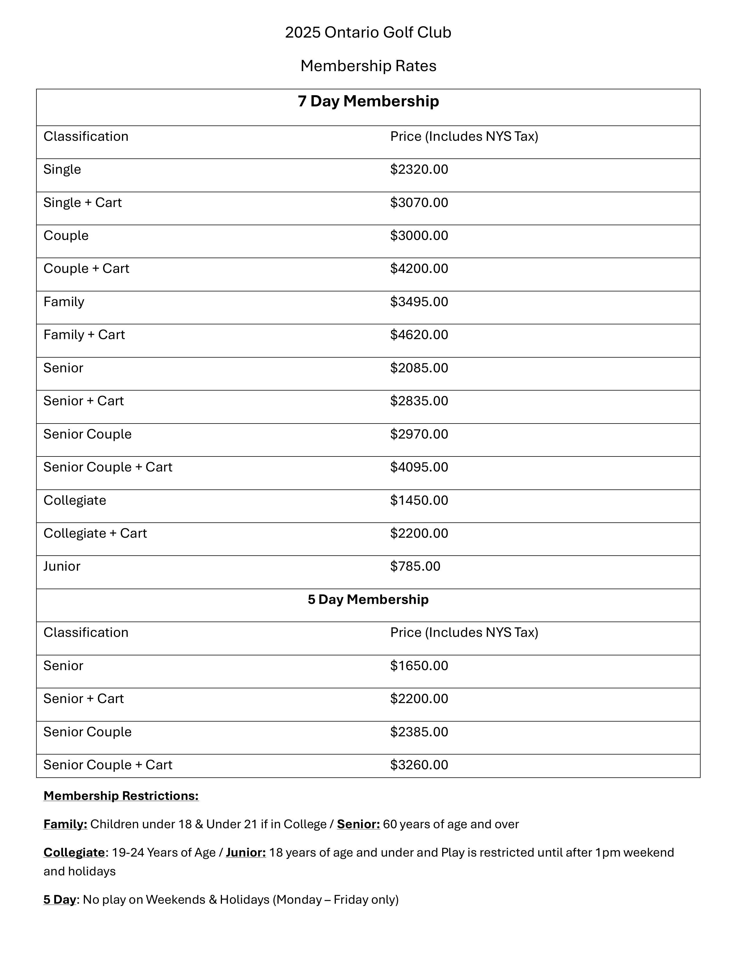 Ontario Country Club Rates